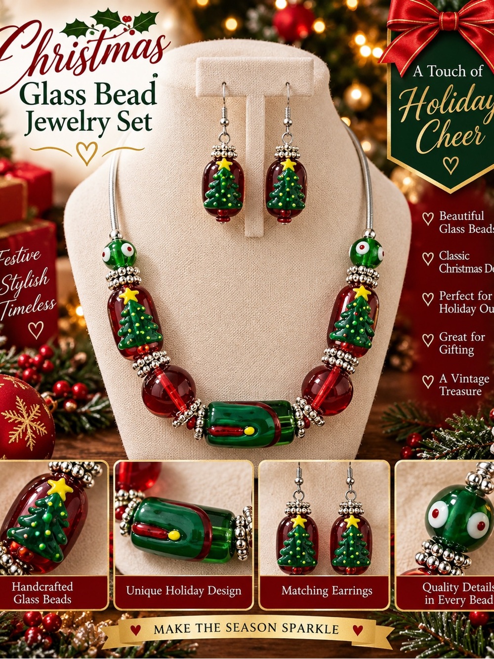 Handcrafted Christmas Glass Bead Necklace & Earring Set - Green and Red